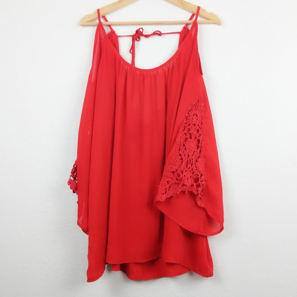 Umgee Red Blouse Cold Shoulder Lace Plus Size 1XL